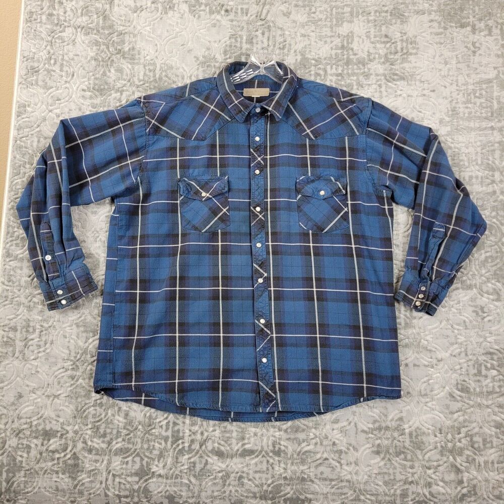 Vintage Western Shirt Mens XXL 2XL Blue Plaid Flannel Cowboy Pearl Snap